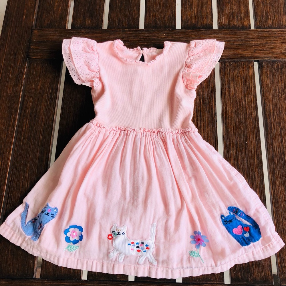 Pink Embroidered Cat Cotton Kids Dress